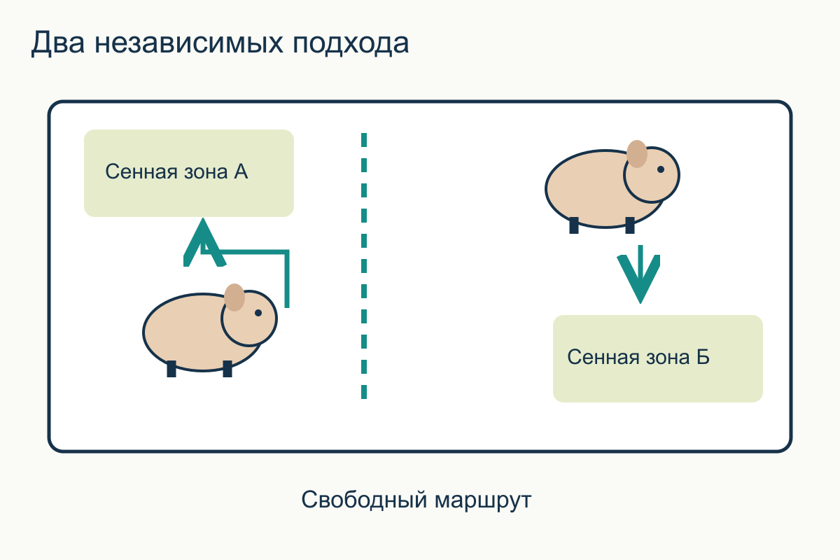 Раздельные подходы к сену Вид сверху: две разнесённые сенные зоны имеют отдельные подходы, между ними сохраняется свободный маршрут