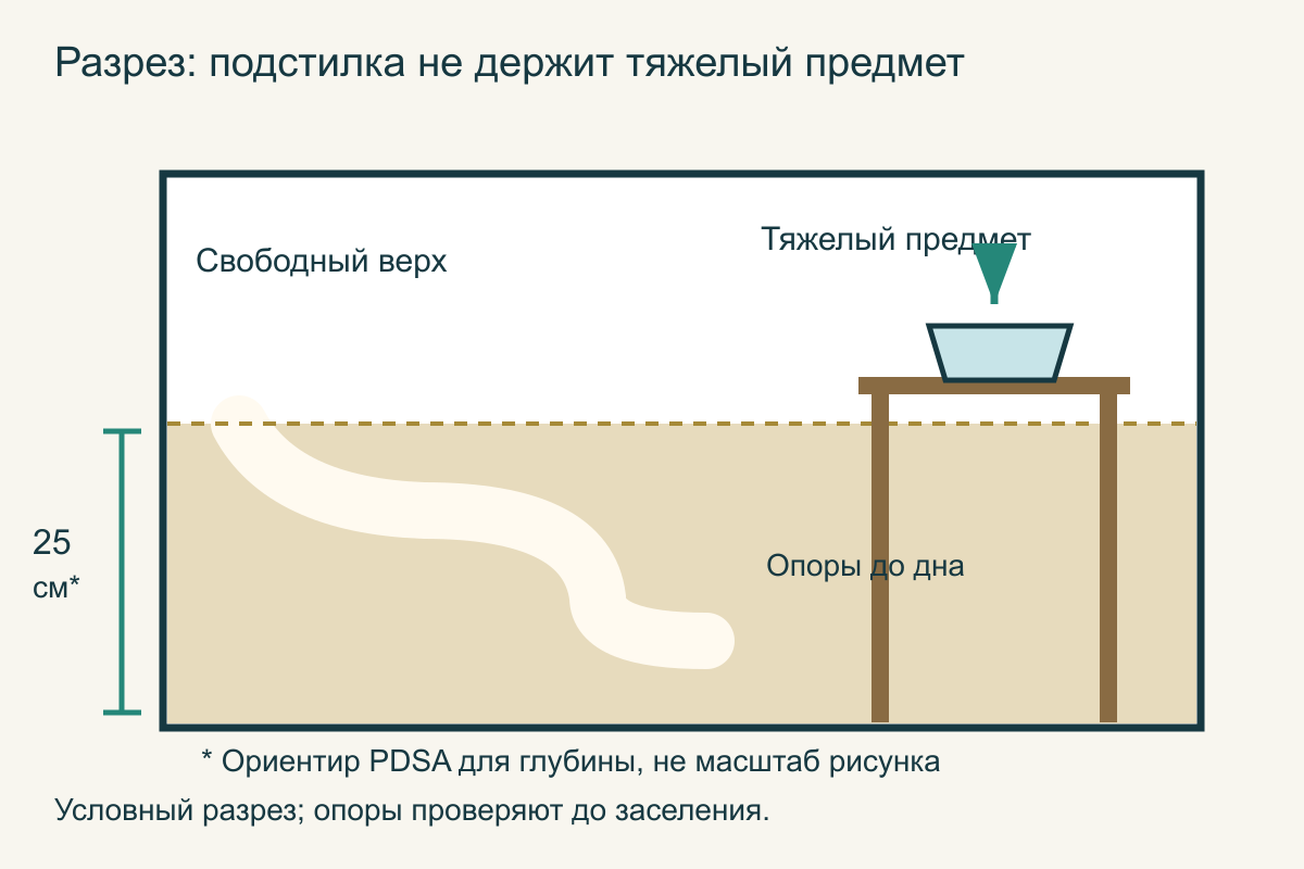 Разрез жилища: глубокая подстилка с ходами, устойчивая опора тяжелого предмета до дна и свободное пространство над поверхностью