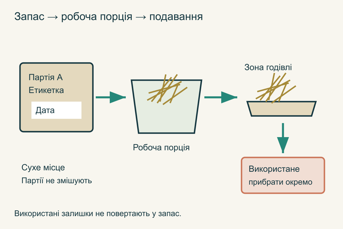 Запас сіна рухається від підписаних окремих партій до щоденної порції й чистої зони годівлі; використані залишки не повертаються назад