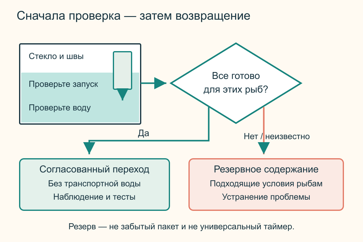 После прибытия осмотр емкости, запуск оборудования и проверка воды предшествуют возвращению рыб; проблема ведет к резервному содержанию