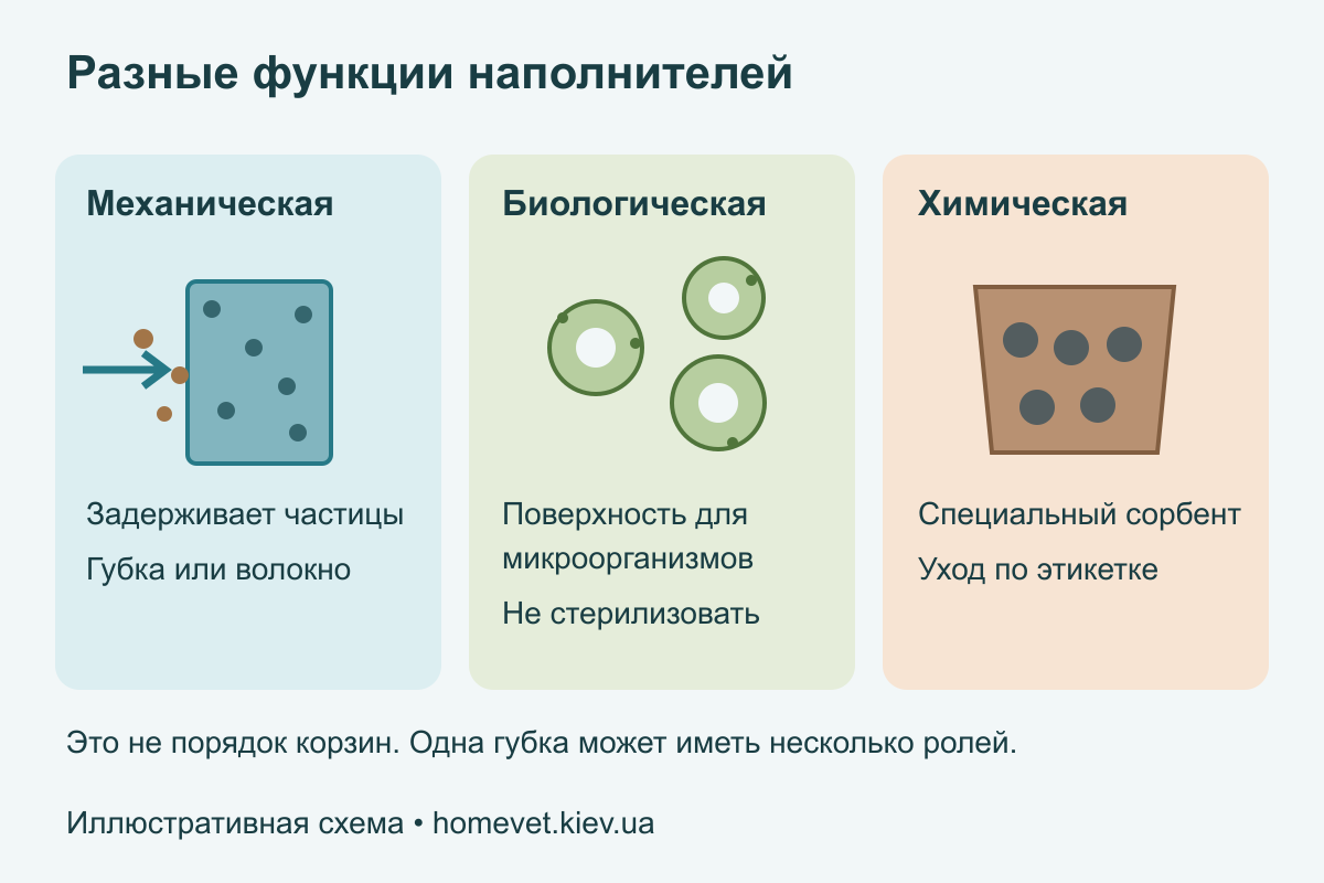 Три самостоятельные функции: губка удерживает частицы, биоматериал даёт поверхность микроорганизмам, сорбент решает специальную задачу