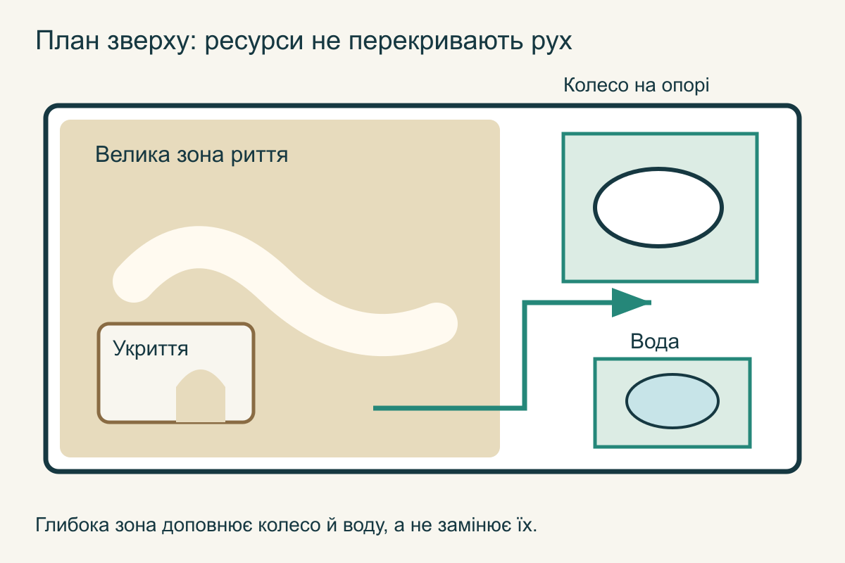 План житла зверху: велика зона риття з укриттям, колесо на опорі та окрема доступна вода, між зонами вільні проходи