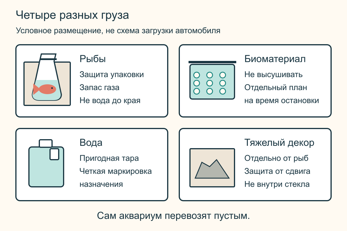 Раздельные места перевозки: рыбы в защищенной упаковке, влажный биоматериал, канистры с водой и тяжелый декор, который не помещают к рыбам
