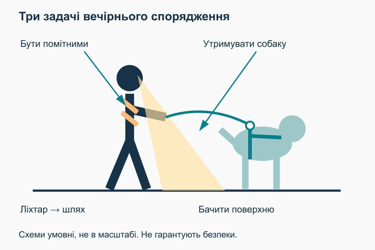 Три окремі шари вечірнього спорядження: ліхтар освітлює землю, відбивач позначає людину, повідець з’єднує зі шлеєю