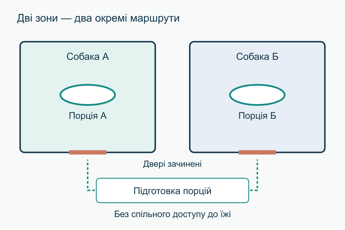 План двох кімнат із окремими мисками та зачиненими дверима; людина готує порції поза зонами годування