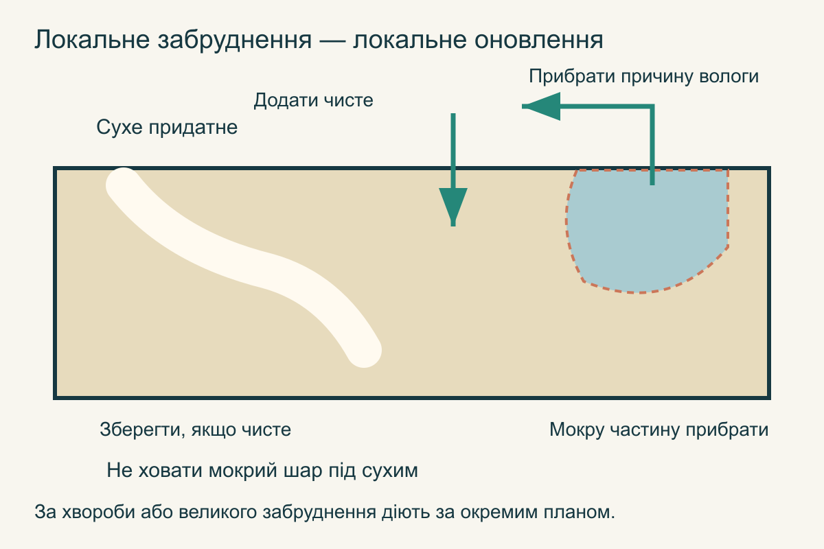 При точковому прибиранні виймають мокру локальну ділянку, залишають суху придатну частину та додають чистий матеріал
