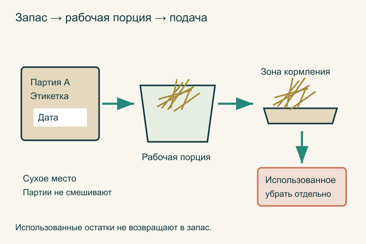 Запас сена движется от подписанных отдельных партий к ежедневной порции и чистой зоне кормления; использованные остатки не возвращаются назад
