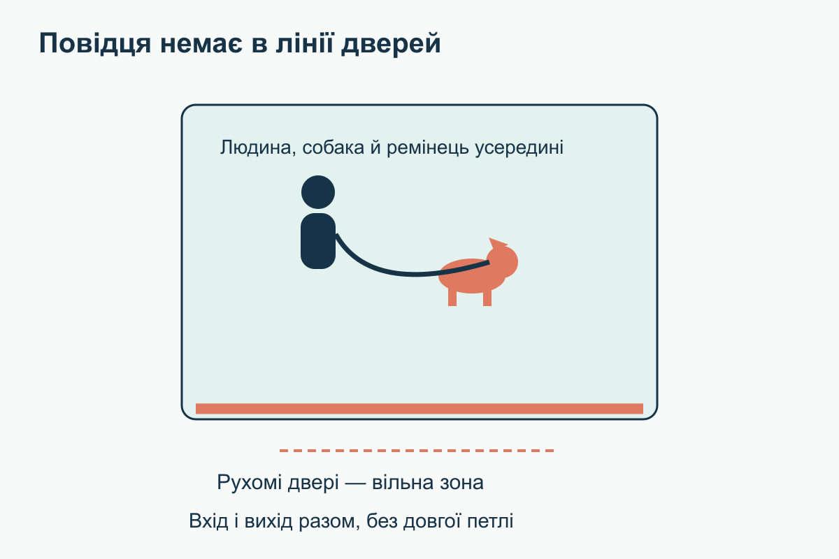 Людина, собака і весь повідець перебувають разом усередині кабіни, поза лінією рухомих дверей