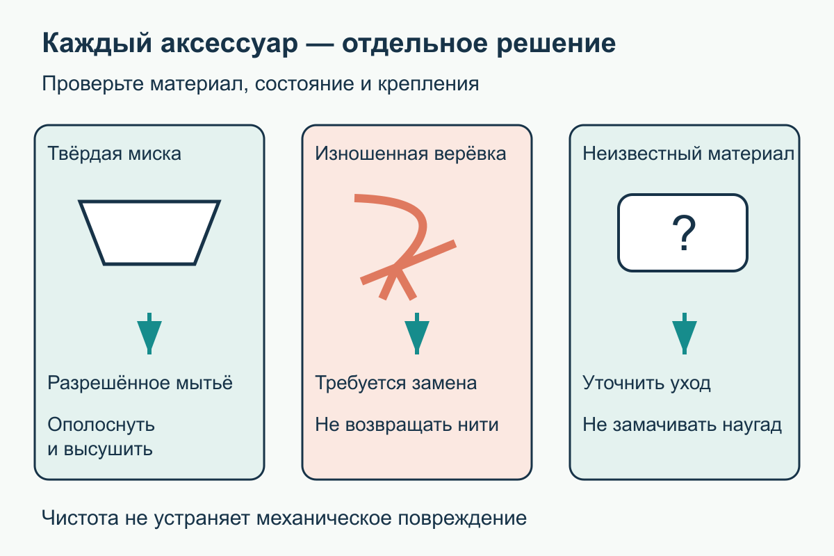 Снятые аксессуары делят на пригодные к мытью, повреждённые для замены и сомнительные для уточнения
