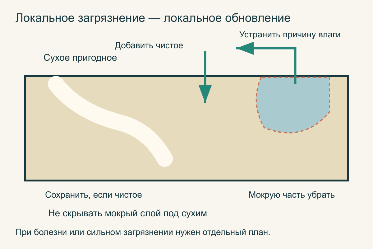 При точечной уборке удаляют мокрый локальный участок, сохраняют сухую пригодную часть и добавляют чистый материал