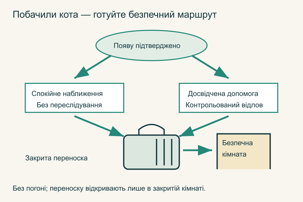 Після підтвердженої появи кота шлях веде до спокійного наближення або контрольованого гуманного відлову, потім до закритої переноски й безпечного приміщення