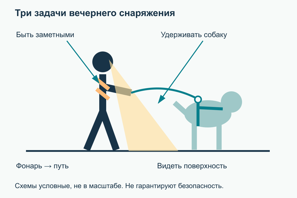Три независимые задачи снаряжения Фонарь освещает дорожку, световозвращатель обозначает человека, отдельный поводок соединён со шлейкой собаки