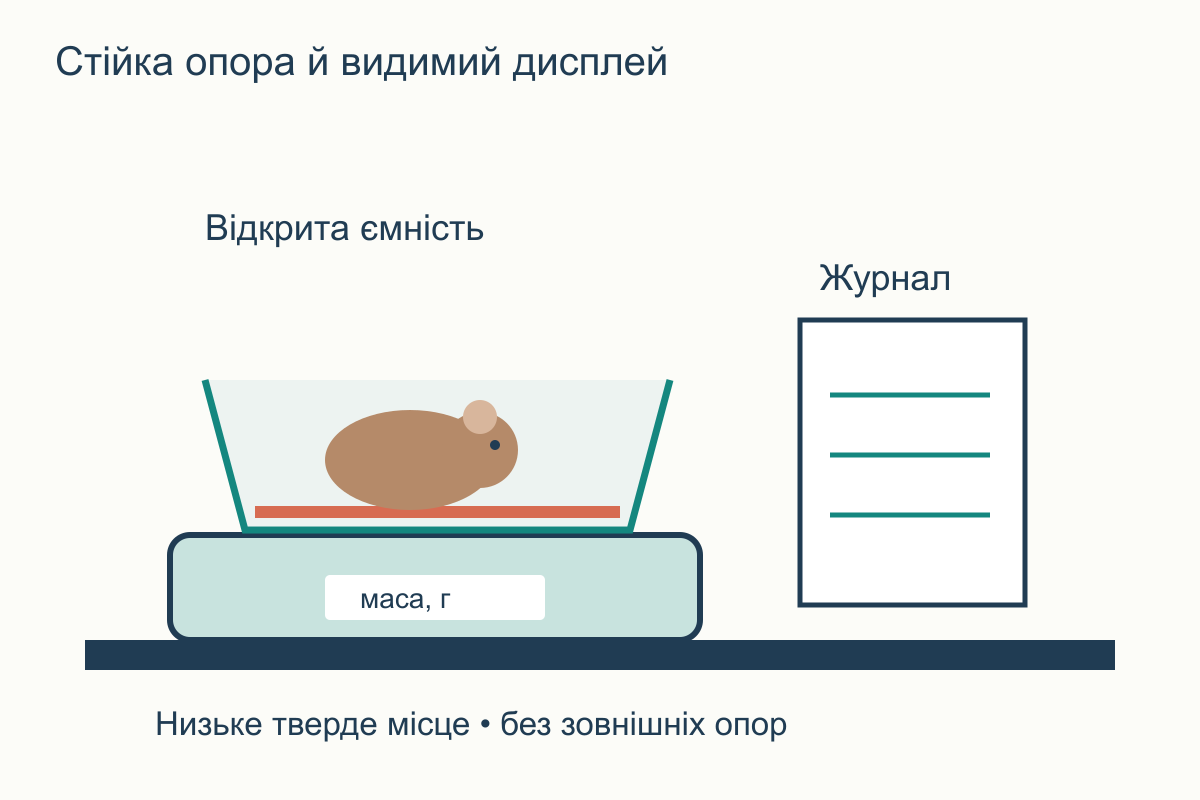 Стійкі ваги з відкритою ємністю на твердій низькій поверхні, журнал поруч і вільний доступ до дисплея