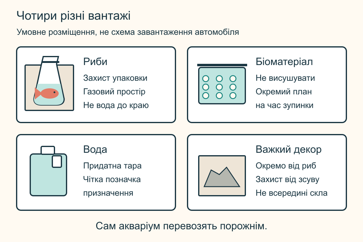 Не змішуйте вантажі з різними завданнями Окремі транспортні місця: риби в захищеній упаковці, вологий біоматеріал, каністри з водою та важкий декор, який не кладуть до риб