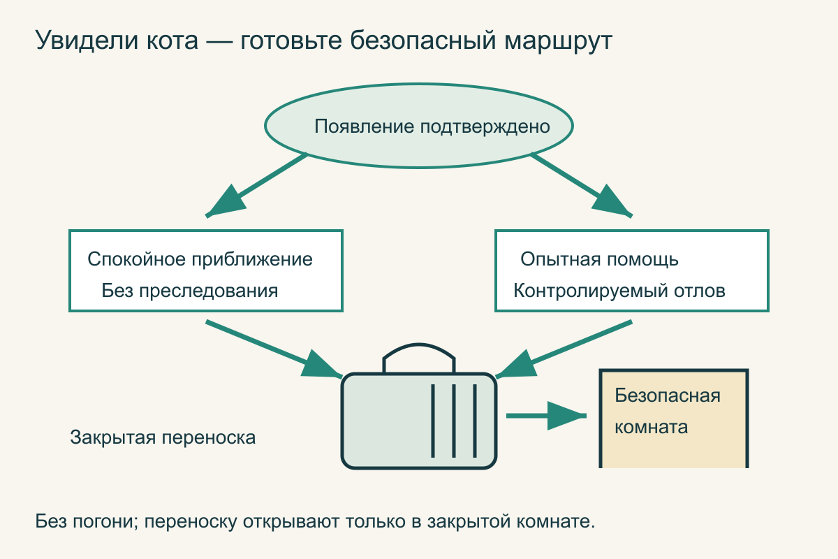 От наблюдения к безопасному возвращению После подтвержденного появления кота путь ведет к спокойному приближению или контролируемому гуманному отлову, затем к закрытой переноске и безопасной комнате