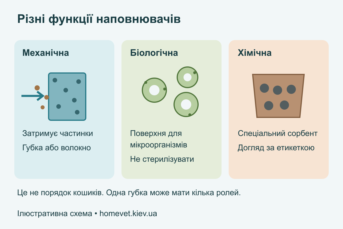 Функції фільтрувальних матеріалів Три окремі функції фільтра: затримання частинок губкою, поверхня для біофільтрації та спеціальний сорбент