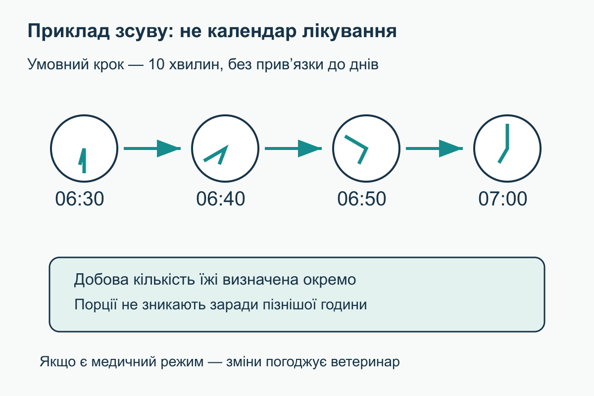 Приклад послідовного зсуву сніданку з 06:30 до 07:00 через проміжні 06:40 і 06:50 без зміни добової кількості