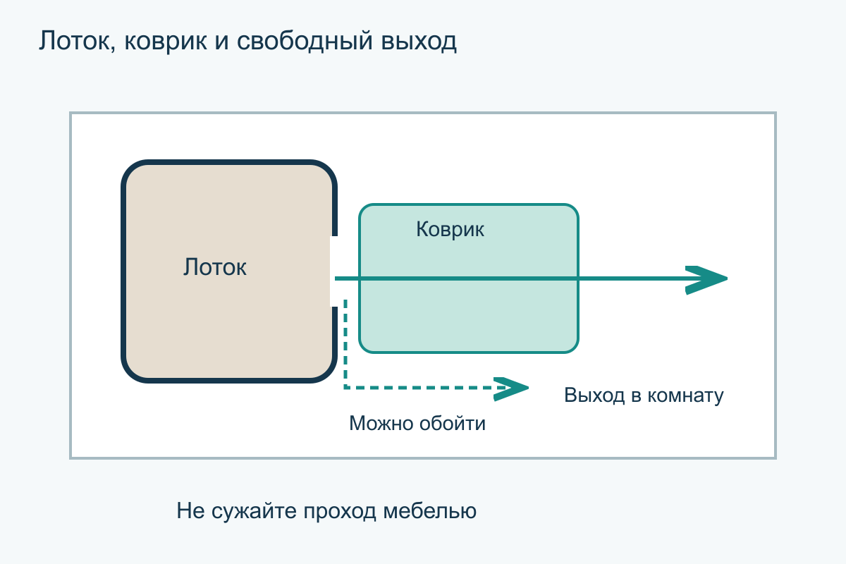 Вид сверху: лоток, коврик на маршруте выхода, свободная зона впереди и обход без узкого коридора