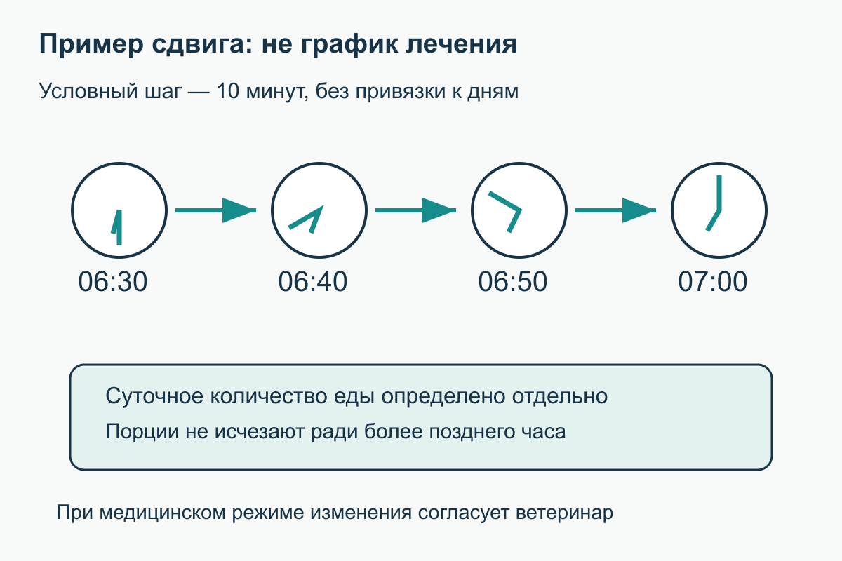 Пример небольших шагов времени Пример постепенного сдвига завтрака с 06:30 до 07:00 через 06:40 и 06:50 без изменения суточного количества