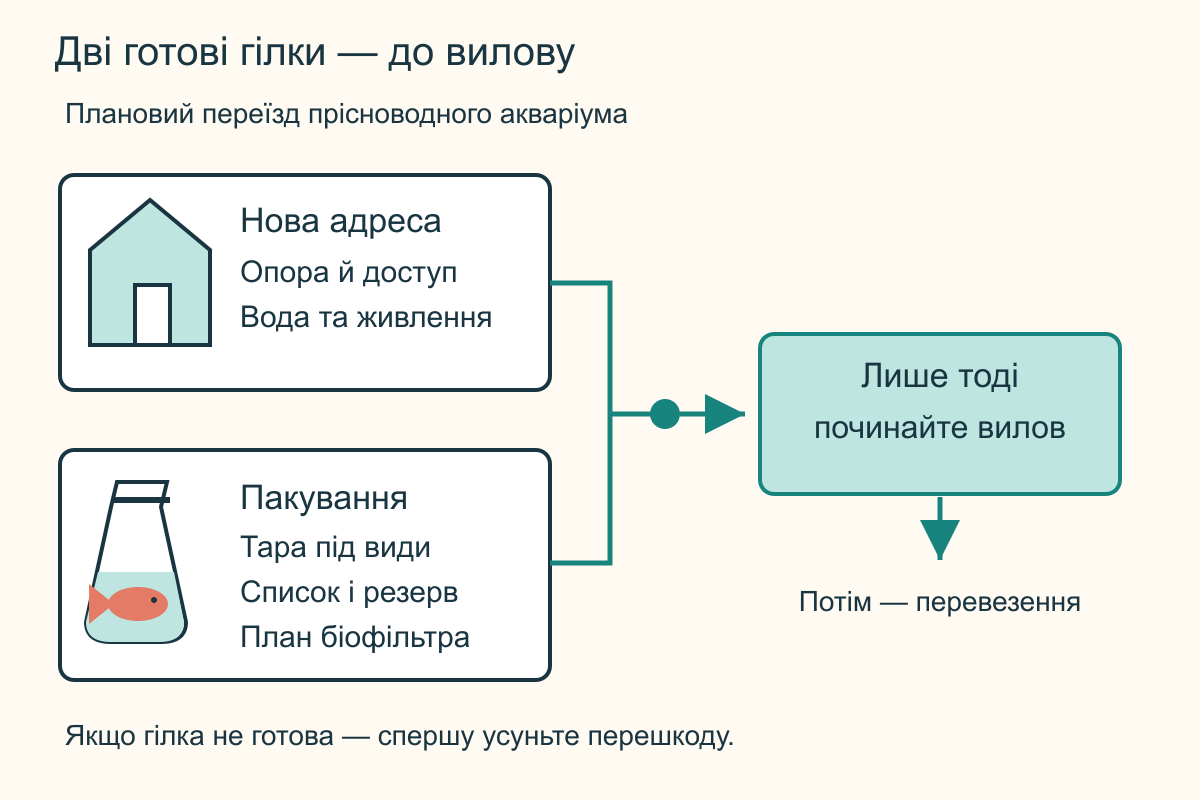 До вилову мають бути готові обидві сторони Дві підготовчі гілки — готове нове місце та готові транспортні ємності — сходяться перед виловом риб, а потім починається перевезення