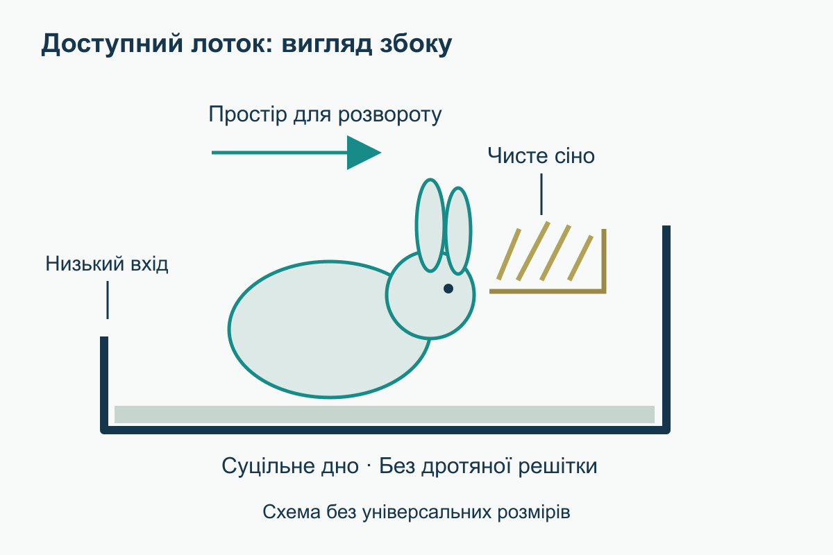 Бокова схема просторого лотка з низьким входом, суцільним дном і чистим сіном біля протилежного краю