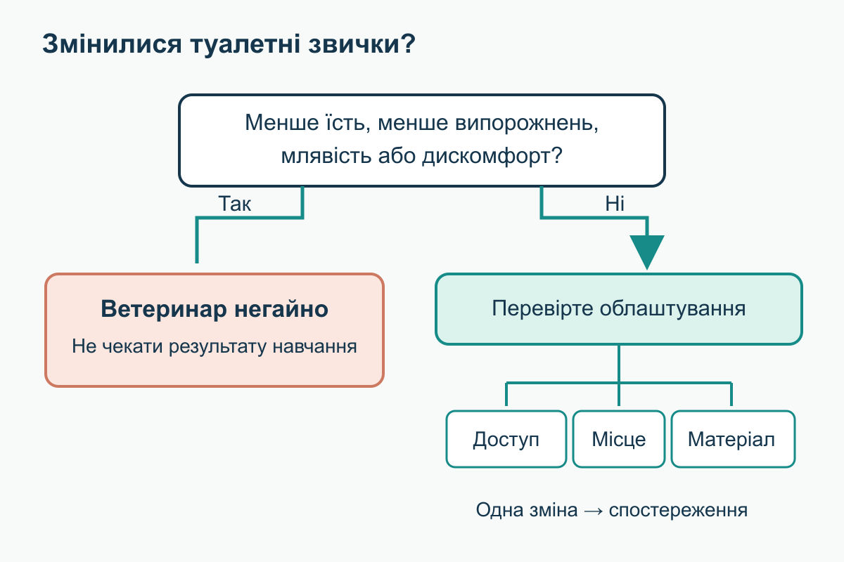 Дерево рішень: зміна туалетних звичок спершу перевіряється на ознаки нездужання, потім на доступ, місце та наповнювач